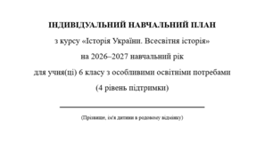 Індивідуальна програма розвитку з історії для 6 класу 1,5 год/тиждень(ООП, 3 та 4 рівень підтримки) Адаптація