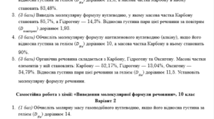 Самостійна робота з хімії: «Виведення молекулярної формули речовини», 10 клас