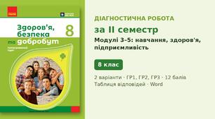Комплексна підсумкова діагностична робота за II семестр «Навчання впродовж життя. Здоров'я. Підприємливість» (Модулі 3–5) — Здоров'я, безпека та добробут, 8 клас НУШ (Ранок), 2 варіанти з відповідями