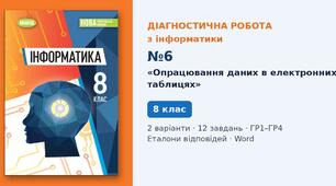 Комплексна підсумкова діагностична робота №6 з теми «Опрацювання даних в електронних таблицях» (Розділ 6, § 6.1–6.4, Excel) — Інформатика, 8 клас НУШ (Ривкінд, Генеза 2025), 2 варіанти з відповідями