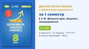 Комплексна підсумкова діагностична робота за I семестр «Фінансова культура. Фінансове планування. Заощадження» (§ 1–9) — Фінансова грамотність, 8 клас НУШ (Гільберг, Генеза 2025), 2 варіанти з відповідями