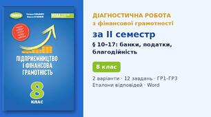 Комплексна підсумкова діагностична робота за II семестр «Банки. Шахрайство. Зайнятість. Податки. Благодійність» (§ 10–17) — Фінансова грамотність, 8 клас НУШ (Гільберг, Генеза 2025), 2 варіанти з відповідями