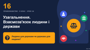 Правознавство 16 урок тема: "Узагальнення розділу «Взаємозв'язок людини і держави"