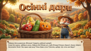 Презентація+конспект заняття з розвитку мовлення "Осінні дари". Середня група. Жовтень.