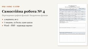 Алгебра 9 клас НУШ (Істер) · Самостійна робота № 4 — Перетворення графіків функцій · Квадратична функція · 4 варіанти з відповідями
