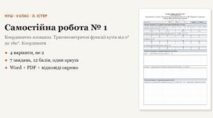 Геометрія 9 клас НУШ (Істер) · Самостійна робота № 1 — Координатна площина · Тригонометричні функції кутів від 0° до 180° · 4 варіанти з відповідями