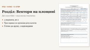 Геометрія 9 клас НУШ (Істер) · Розділ «Вектори на площині» — дві самостійні + підсумкова тематична (контрольна) за групами результатів · 4 варіанти з відповідями