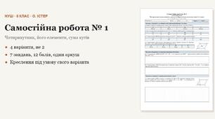 Геометрія 8 клас НУШ (Істер) · Самостійна робота № 1 — Чотирикутник, його елементи, сума кутів · Паралелограм, його властивості й ознаки · 4 варіанти з відповідями