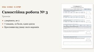 Геометрія 8 клас НУШ (Істер) · Самостійна робота № 3 — Трапеція · Вписані та описані чотирикутники · 4 варіанти з відповідями