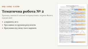 Геометрія 8 клас НУШ (Істер) · Підсумкова тематична (контрольна) робота № 2 за групами результатів — Трапеція, вписані й описані чотирикутники, теорема Фалеса, середні лінії · 4 варіанти з відповідями