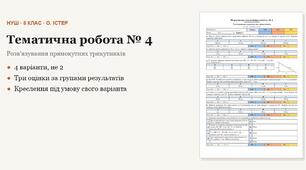 Геометрія 8 клас НУШ (Істер) · Підсумкова тематична (контрольна) робота № 4 за групами результатів — Розв'язування прямокутних трикутників · 4 варіанти з відповідями