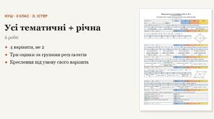 Геометрія 8 клас НУШ (Істер) · Усі підсумкові тематичні (контрольні) + річна за групами результатів — 6 робіт, 4 варіанти з відповідями