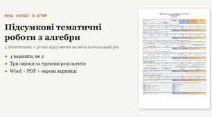 Алгебра 9 клас НУШ (Істер) · Усі підсумкові тематичні (контрольні) + річна за групами результатів — 6 робіт, 4 варіанти з відповідями