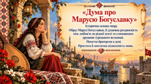 «Дума про Марусю Богуславку». Історична основа твору. Образ Марусі Богуславки, її душевна роздвоєність між любов’ю до рідної землі та становищем дружини турецького вельможі. Почуття братерства в думі. Простота й поетична піднесеність мови.