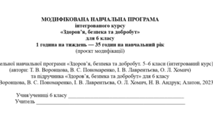 МОДИФІКОВАНА НАВЧАЛЬНА ПРОГРАМА інтегрованого курсу «Здоров’я, безпека та добробут» для 6 класу 1 година на тиждень,  до підр.Воронцова Т.