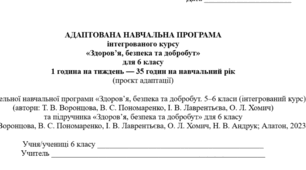 АДАПТОВАНА НАВЧАЛЬНА ПРОГРАМА інтегрованого курсу «Здоров’я, безпека та добробут» для 6 класу 1 година на тиждень до підр. авт. Воронцова Т.