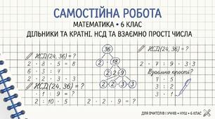 Самостійна робота з математики для 6 класу: «Дільники та кратні. НСД та взаємно прості числа»