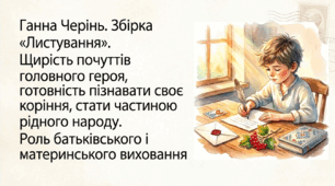8 клас НУШ. Ганна Черінь. Збірка "Листування". Щирість почуттів головного героя, готовність пізнавати своє коріння, стати частиною рідного народу. Роль батьківського і материнського виховання. Презентація, інфографіка, робочий аркуш