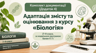 Комплект документації (Додаток 4): адаптація змісту та оцінювання з курсу «Біологія» (7–9 класи, за модельною програмою Балана П. Г)