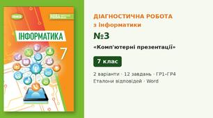 Комплексна підсумкова діагностична робота №3 з теми «Комп'ютерні презентації» (Розділ 3, § 3.1–3.2, гіперпосилання, тригери) — Інформатика, 7 клас НУШ (Ривкінд, Генеза 2024), 2 варіанти з відповідями