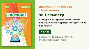 Комплексна підсумкова діагностична робота за I семестр «Пошук в Інтернеті. Електронна пошта. Хмарні сервіси. Алгоритми та програми» (Розділи 1–2) — Інформатика, 7 клас НУШ (Ривкінд, Генеза 2024), 2 варіанти з відповідями