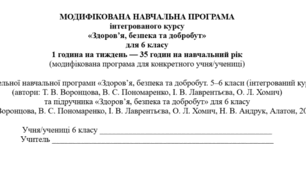 МОДИФІКОВАНА НАВЧАЛЬНА ПРОГРАМА інтегрованого курсу «Здоров’я, безпека та добробут» для 6 класу 1 година на тиждень, до підр.Воронцова Т.