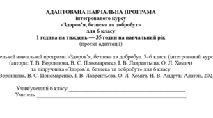АДАПТОВАНА НАВЧАЛЬНА ПРОГРАМА інтегрованого курсу «Здоров’я, безпека та добробут» для 6 класу 1 година на тиждень до підр. авт. Воронцова Т.