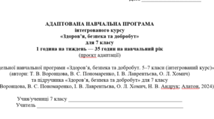 АДАПТОВАНА НАВЧАЛЬНА ПРОГРАМА інтегрованого курсу «Здоров’я, безпека та добробут» для 7 класу 1 година на тиждень до підр. авт. Воронцова Т.