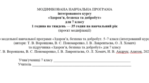 МОДИФІКОВАНА НАВЧАЛЬНА ПРОГРАМА інтегрованого курсу «Здоров’я, безпека та добробут» для 7класу 1 година на тиждень, до підр.Воронцова Т.