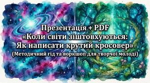 Презентація + PDF «Коли світи зіштовхуються: Як написати крутий кросовер» (Методичний гід та воркшоп для творчої молоді)