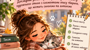 Докладний усний переказ розповідного тексту художнього стилю з елементами опису тварини, що містить синоніми та антоніми (за колективно складеним простим планом).