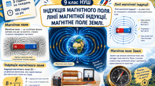 РОЗРОБКИ УРОКУ ФІЗИКИ  9 клас  НУШ. Тема: Індукція магнітного поля. Лінії магнітної індукції. Магнітне поле Землі. 3 години на тиждень 105  годин на рік.