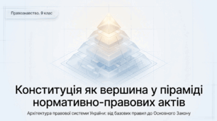 Презентація на тему: "Джерела права та Конституція України. Конституція як вершина у піраміді нормативно-правових актів" + конспект за презентацією+тести