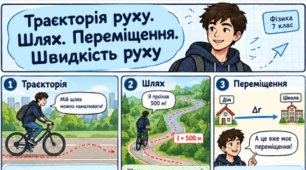 Комікс з фізики: «Траєкторія руху. Шлях. Переміщення. Швидкість руху»