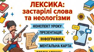 ✨Комплексний розробка уроку з української мови (6 клас НУШ): «Активна і пасивна лексика: застарілі слова (архаїзми та історизми), неологізми» + Робочі аркуші, Презентація, Інфографіка та Ментальна карта✨