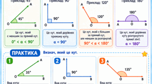 Наочна картка-пам'ятка та практичні завдання «Види кутів» (5 клас / НУШ)