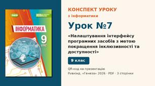 Урок №7 з інформатики «Налаштування інтерфейсу програмних засобів з метою покращення інклюзивності та доступності» — розгорнутий конспект з QR-кодом на презентацію, Інформатика 9 клас НУШ (Ривкінд, Генеза 2026)