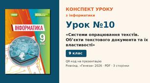 Урок №10 з інформатики «Системи опрацювання текстів. Об’єкти текстового документа та їх властивості» — розгорнутий конспект з QR-кодом на презентацію, Інформатика 9 клас НУШ (Ривкінд, Генеза 2026)