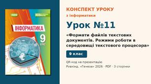 Урок №11 з інформатики «Формати файлів текстових документів. Режими роботи в середовищі текстового процесора» — розгорнутий конспект з QR-кодом на презентацію, Інформатика 9 клас НУШ (Ривкінд, Генеза 2026)