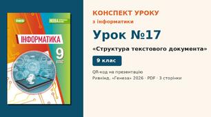 Урок №17 з інформатики «Структура текстового документа» — розгорнутий конспект з QR-кодом на презентацію, Інформатика 9 клас НУШ (Ривкінд, Генеза 2026)