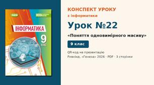 Урок №22 з інформатики «Поняття одновимірного масиву» — розгорнутий конспект з QR-кодом на презентацію, Інформатика 9 клас НУШ (Ривкінд, Генеза 2026)