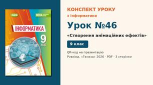 Урок №46 з інформатики «Створення анімаційних ефектів» — розгорнутий конспект з QR-кодом на презентацію, Інформатика 9 клас НУШ (Ривкінд, Генеза 2026)