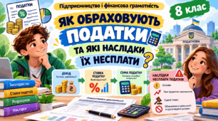 Тема 15. ЯК ОБРАХОВУЮТЬ ПОДАТКИ ТА ЯКІ НАСЛІДКИ ЇХ НЕСПЛАТИ "Підприємництво і фінансова грамотність" 8 клас