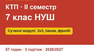 КТП з фізичної культури 7 клас НУШ, ІІ семестр 2026/2027 (3 год/тиж). Сучасні модулі: баскетбол 3х3, флорбол, бадмінтон, панна (вуличний футбол), алтимат фризбі