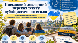Письмовий докладний переказ тексту публіцистичного стилю з творчим завданням (за самостійно складеним складним планом) для 9 класу НУШ . План-конспект+презентація