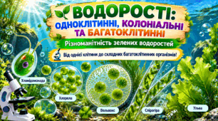 Водорості одноклітинні, колоніальні та багатоклітинні. Різноманітність зелених водоростей