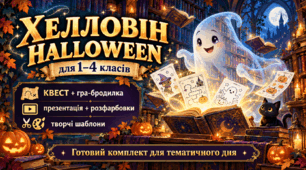 Хелловін у школі / Halloween для 1–4 класів: квест, презентація, гра-бродилка, розфарбовки та творчі завдання
