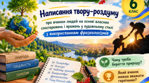 Написання твору-роздуму про вчинки людей на основі власних спостережень і вражень у художньому стилі з використанням фразеологізмів ("Чому треба берегти природу", "Який вчинок можна вважати героїчним") для 6 класу НУШ. ГР3. Конспект+презентація