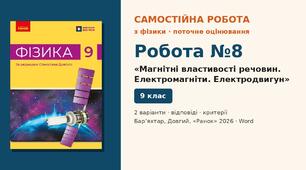 Самостійна робота №8 «Магнітні властивості речовин. Електромагніти. Електродвигун» (§ 13–15) — 2 варіанти з розгорнутими відповідями, Фізика 9 клас НУШ (Бар’яхтар, Довгий, 2026)