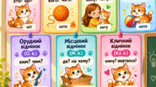 Відмінки іменників від котика Мурчика 🐱 | 7 яскравих навчальних плакатів